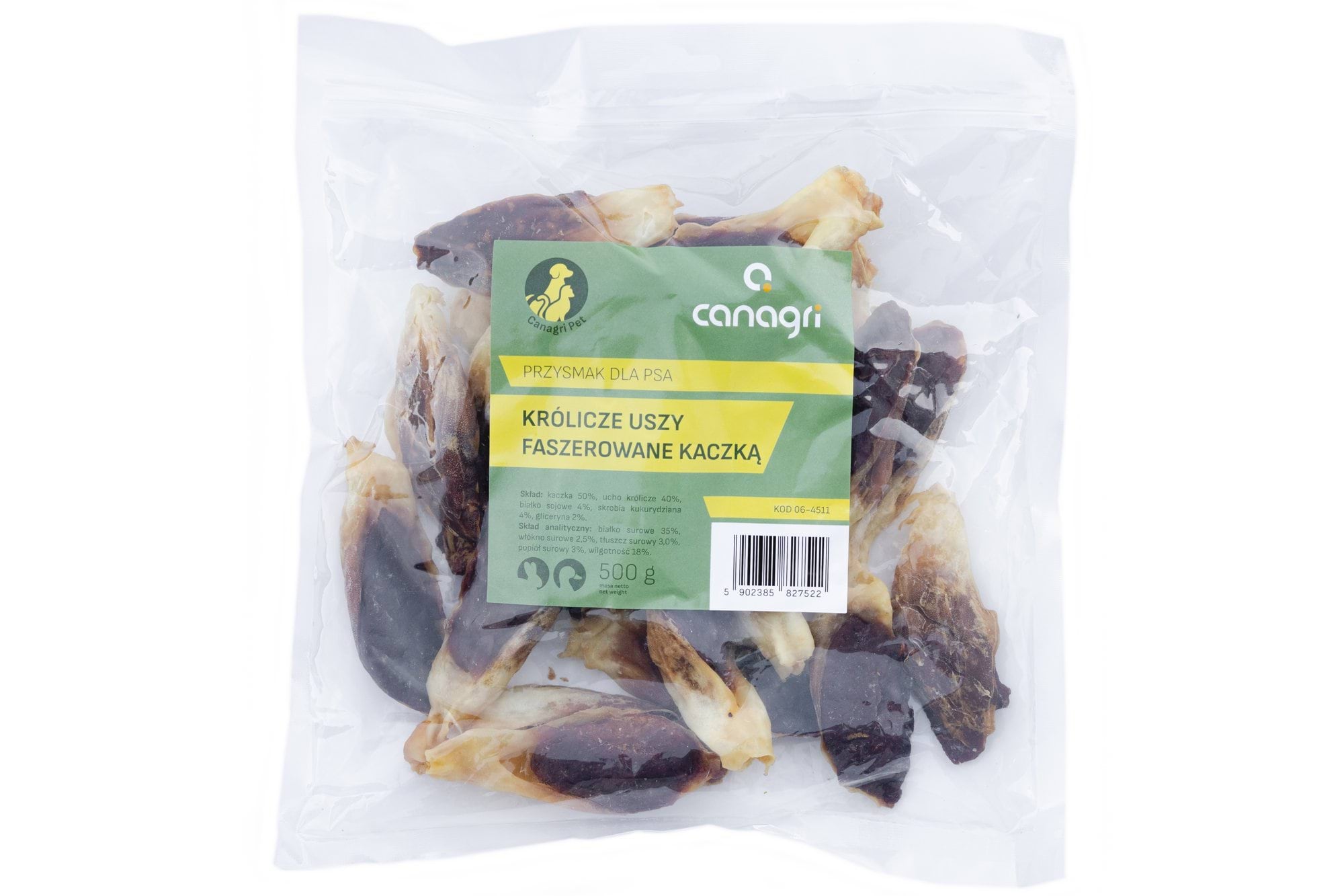 Przysmak dla psa, królicze uszy faszerowane kaczką, 500 g, Canagri